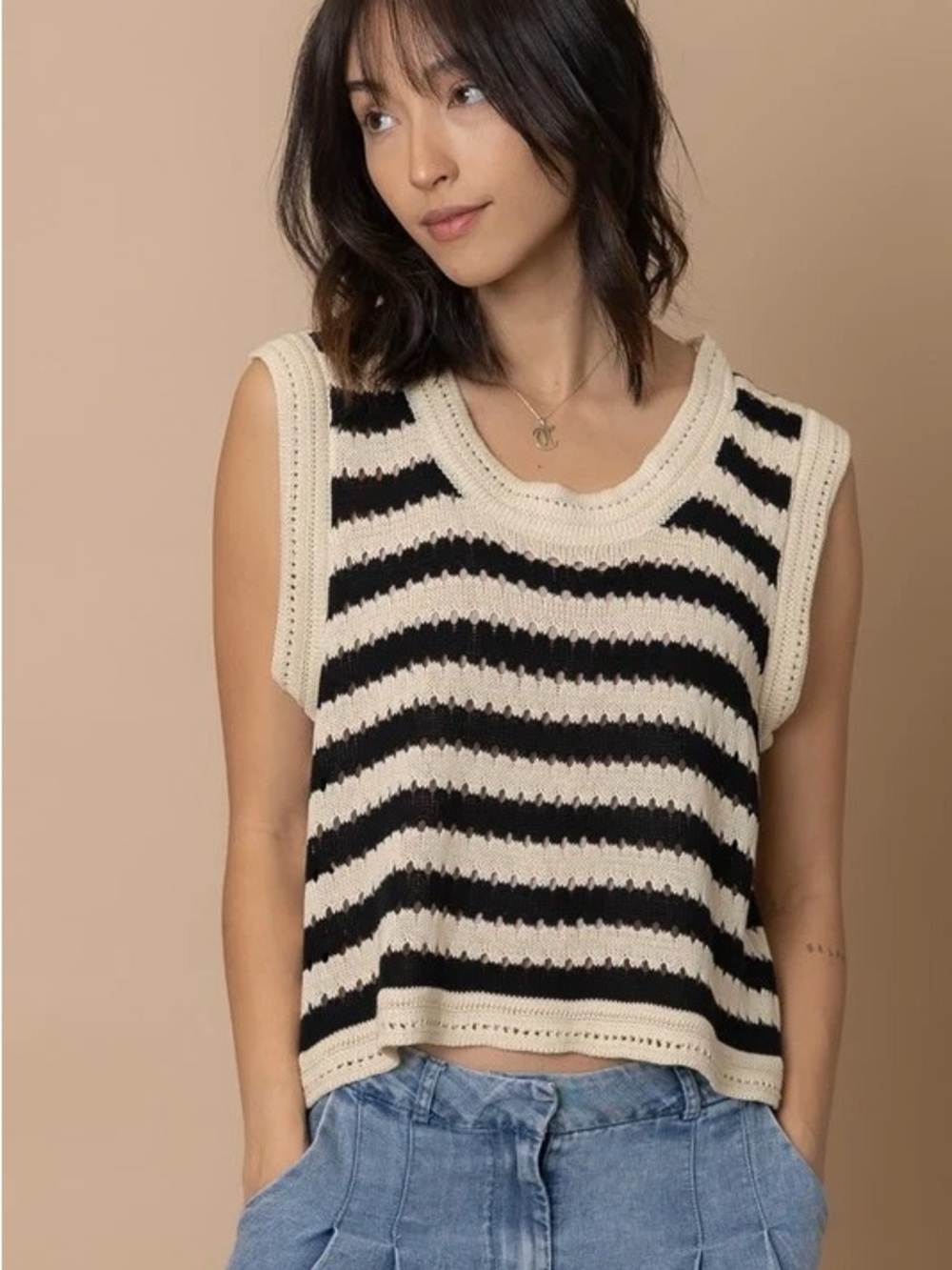 Commense Jackson Black Cream Striped Knit Tank Large Knit Fall Sleeveless